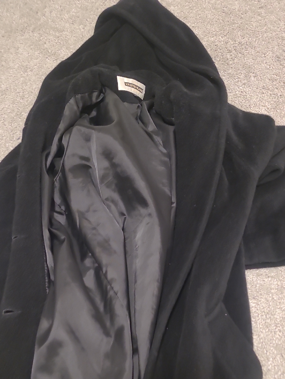 Kristen Blake Black Wool Coat with Gold Logo Label